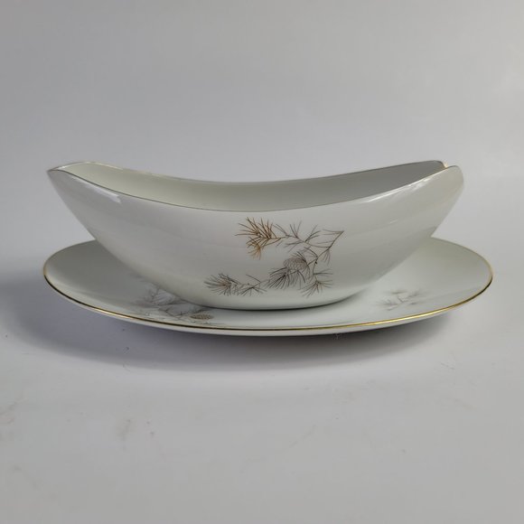 Sango Other - Sango China Golden Pine Gravy Boat & Underplate White with Pine Tree & Pinecones